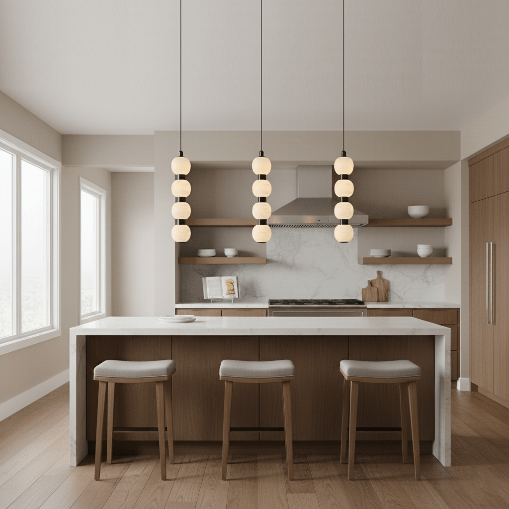 Wider kitchen view with three Orbique pendants over the island and daylight from the windows at left