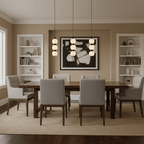 Three short Orbique strands lit in a row above a dark wood dining table in a warm neutral room
