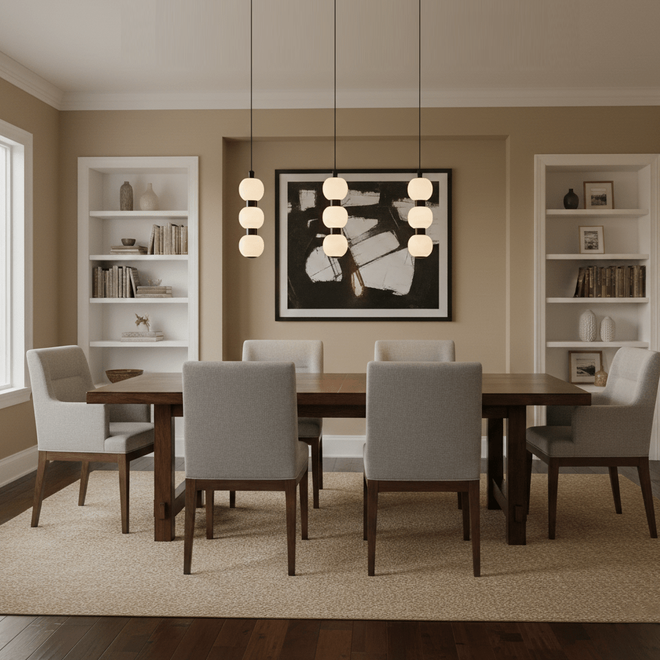 Three short Orbique strands lit in a row above a dark wood dining table in a warm neutral room