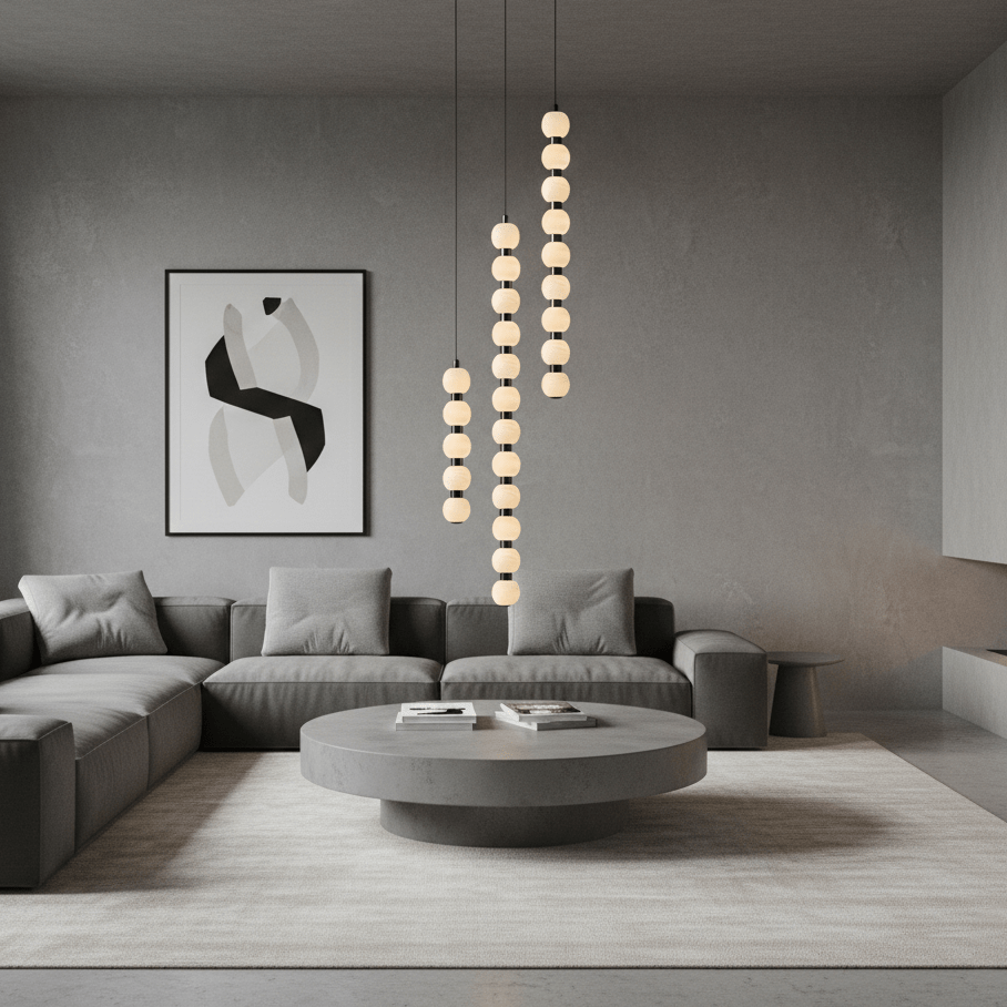 Three Orbique pendants at staggered drops over a round concrete coffee table in a grey living room