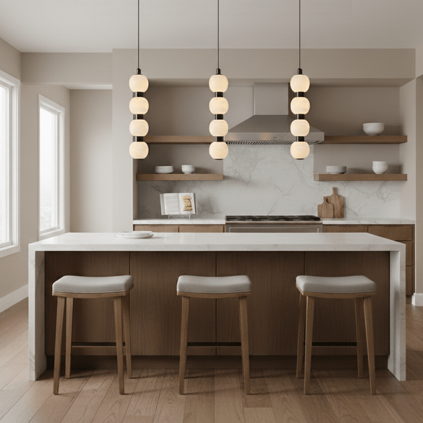 Three four-ball Orbique pendants lit in a row above a white marble kitchen island with wood stools