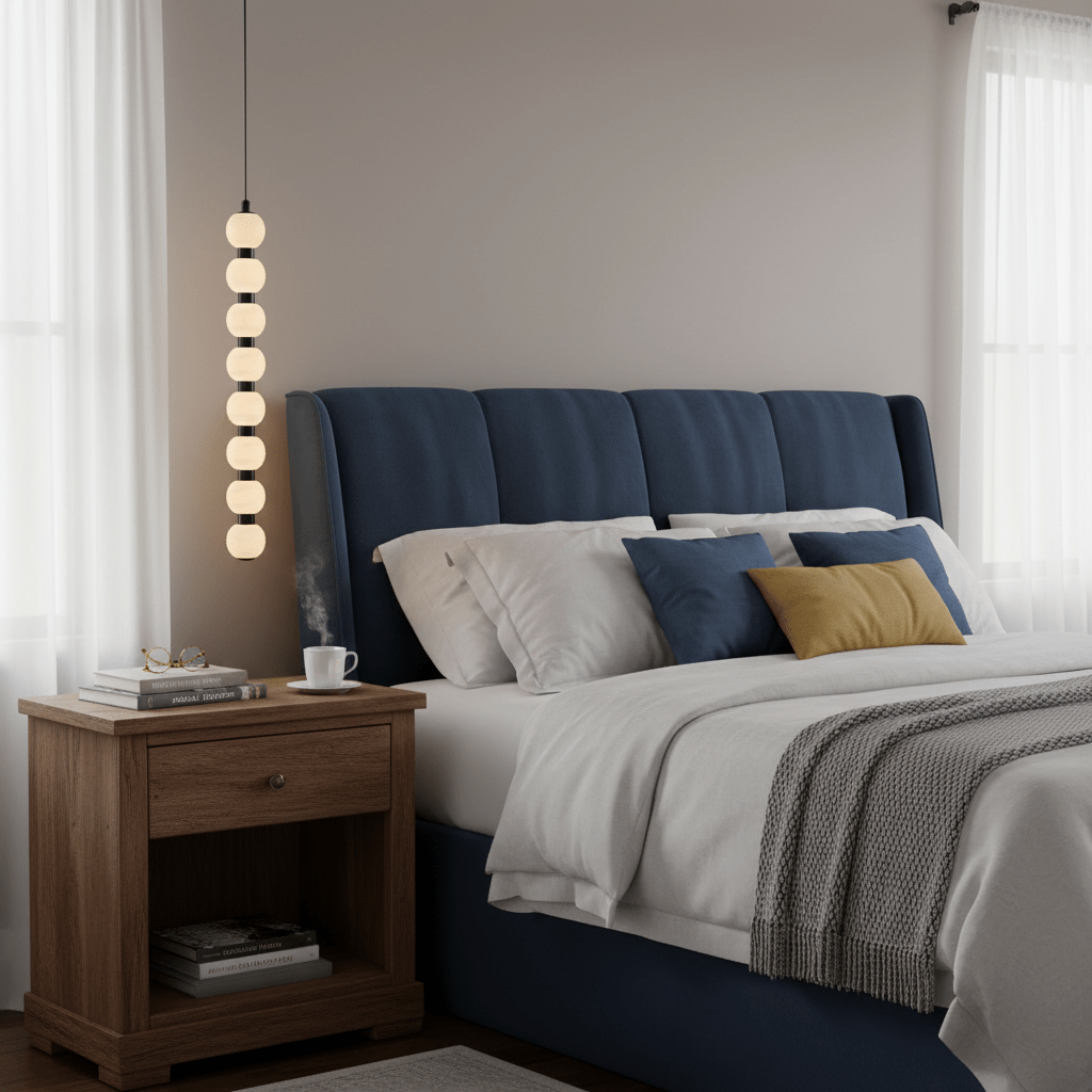 Eight-ball Orbique pendant hanging beside a navy bed and a wooden nightstand by sheer curtains