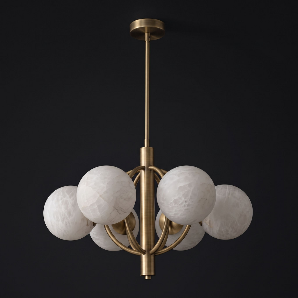 Studio view of this Clérachic chandelier in brushed brass, alabaster balls held within a ring-frame cage.