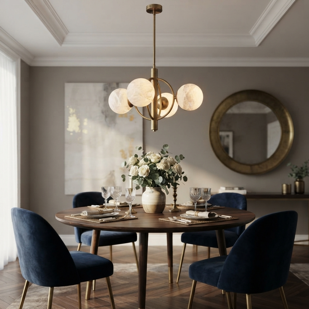 A brushed-brass Clérachic chandelier lights a round dining table with navy velvet chairs and a brass mirror.