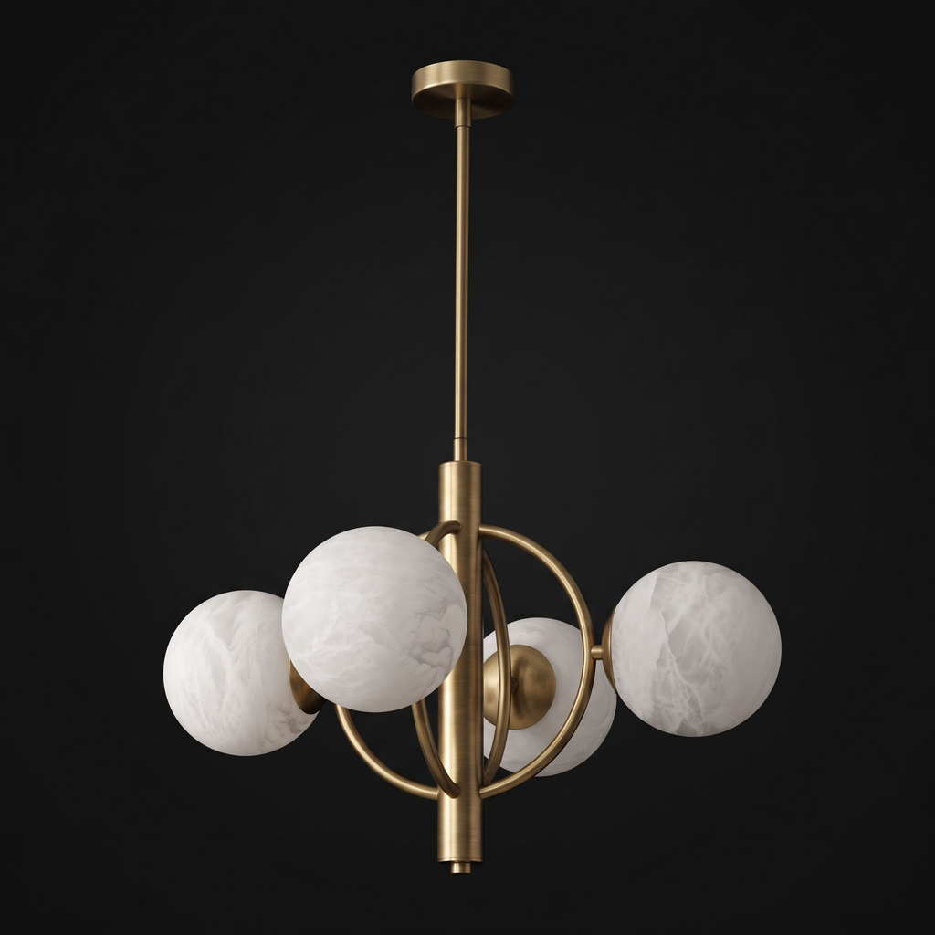 Side angle of this Clérachic chandelier in brushed brass, showing the intersecting rings that form its frame.