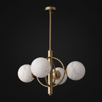 Side angle of this Clérachic chandelier in brushed brass, showing the intersecting rings that form its frame.