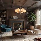 This brushed-brass Clérachic chandelier glows in a dark wood-panelled den beside a stone fireplace.