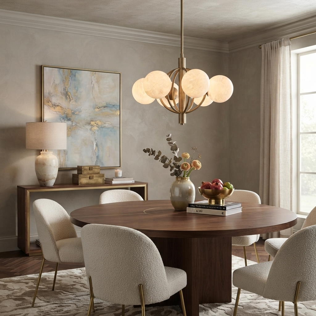 The brushed-brass Clérachic chandelier glows above an oval table with boucle chairs and a console lamp.
