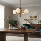 This brushed-brass Clérachic chandelier lights a dining table styled with a fruit bowl and potted greenery.