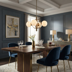 The brushed-brass Clérachic chandelier lights a long dining table set with navy chairs and table lamps.