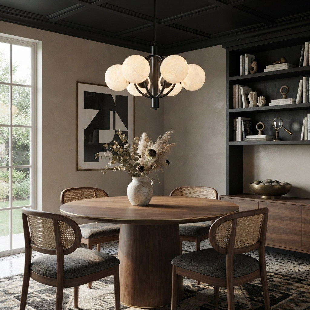 A brushed-brass Clérachic chandelier glows above a round table with cane-back chairs and a bookcase behind.