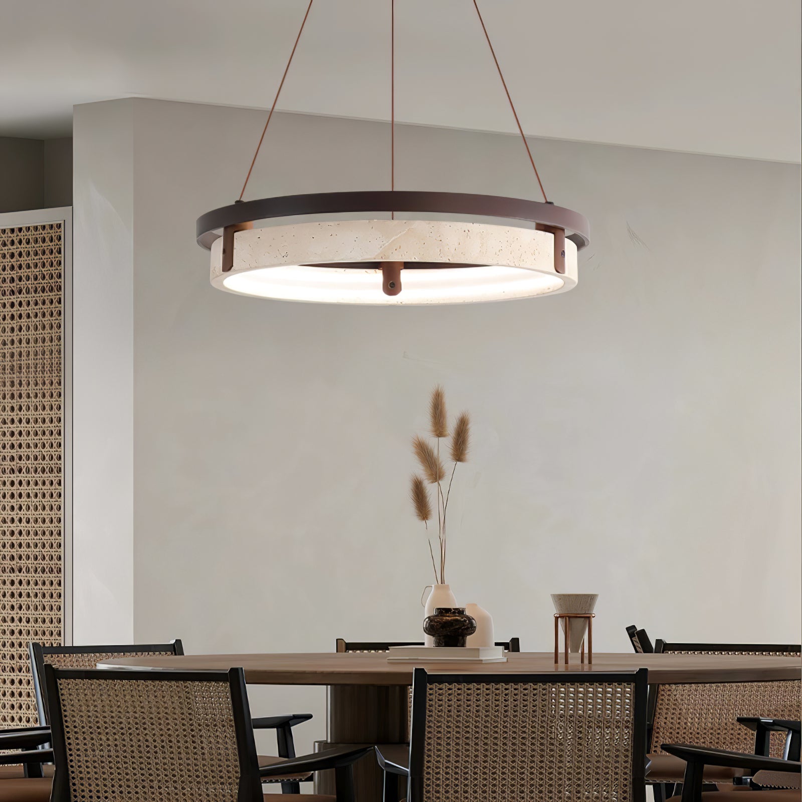 Veraearae Yellow Travertine Disc Pendant Light With Walnut Trim