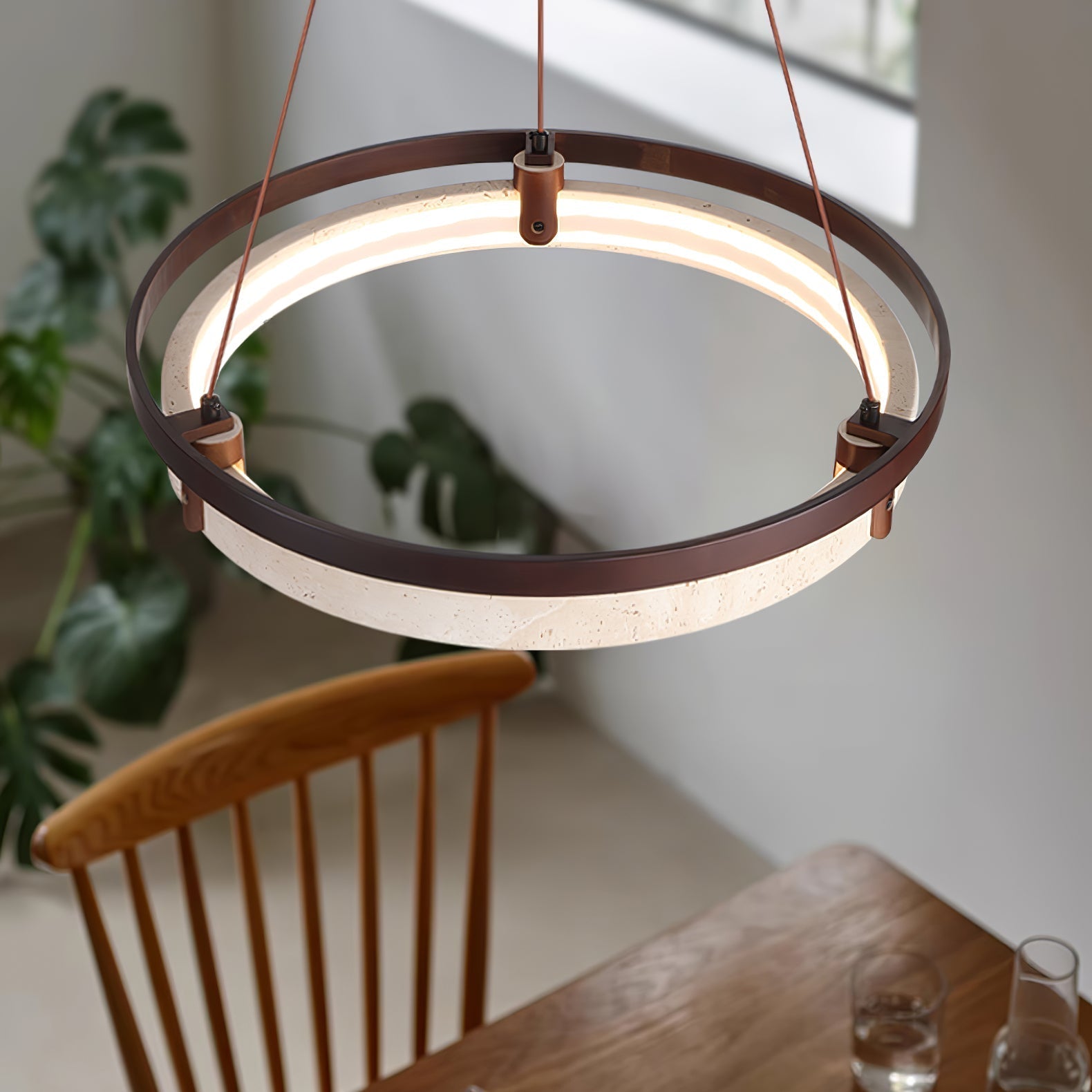Veraearae Yellow Travertine Disc Pendant Light With Walnut Trim