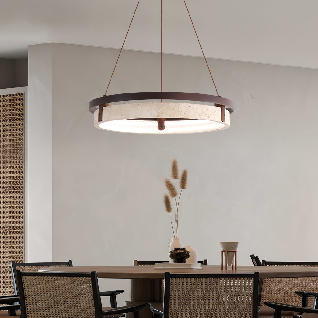 Veraearae Yellow Travertine Disc Pendant Light With Walnut Trim