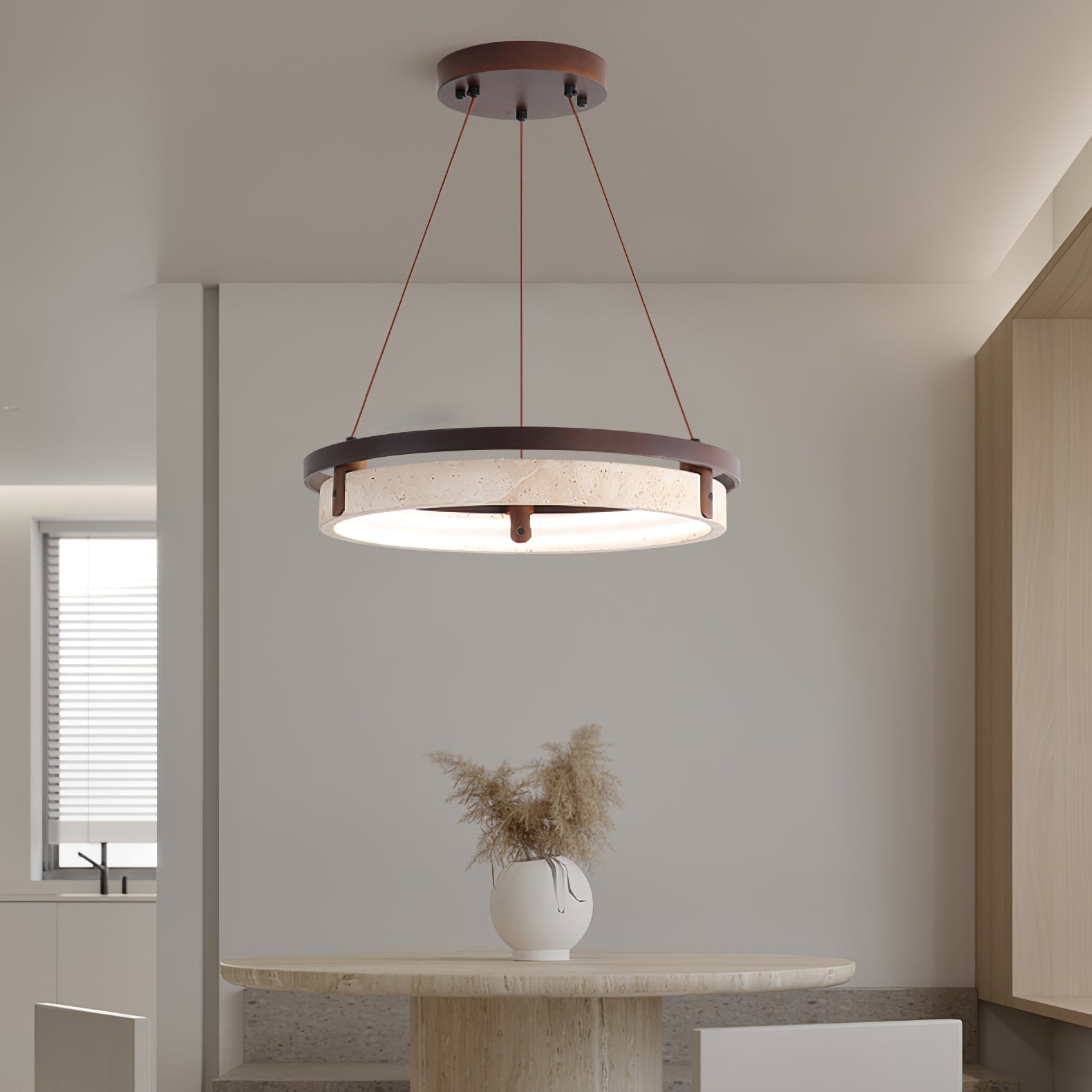 Veraearae Yellow Travertine Disc Pendant Light With Walnut Trim