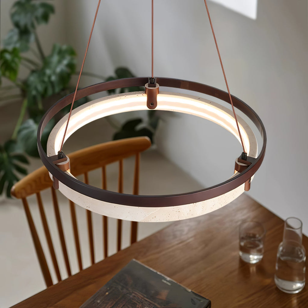 Veraearae Yellow Travertine Disc Pendant Light With Walnut Trim