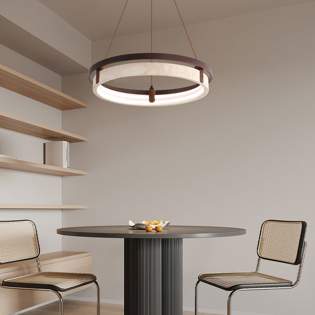 Veraearae Yellow Travertine Disc Pendant Light With Walnut Trim