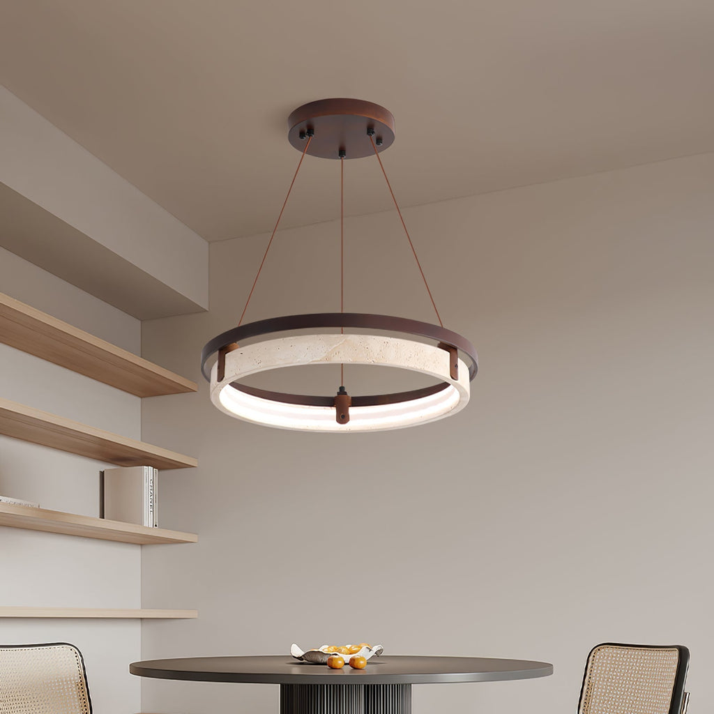 Veraearae Yellow Travertine Disc Pendant Light With Walnut Trim
