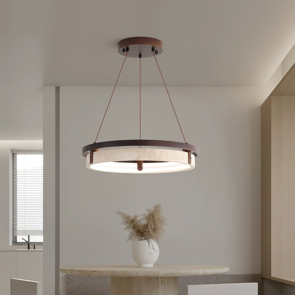 Veraearae Yellow Travertine Disc Pendant Light With Walnut Trim