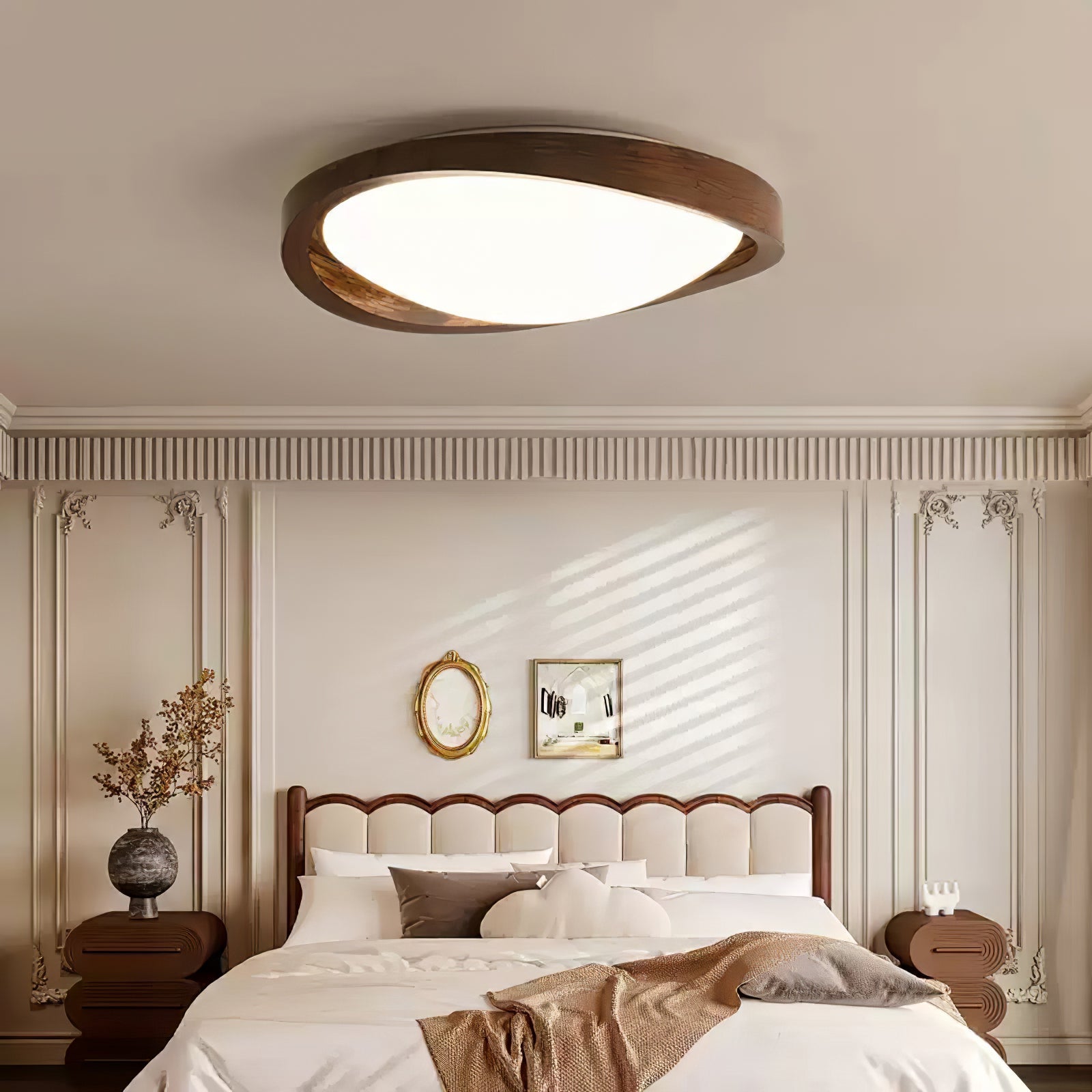 Round walnut ceiling light glowing warmly in a living space
