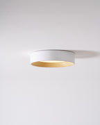Round ceiling light lit in a calm modern room