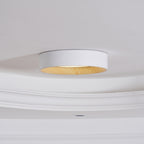 Round wood-tone ceiling light glowing in the evening