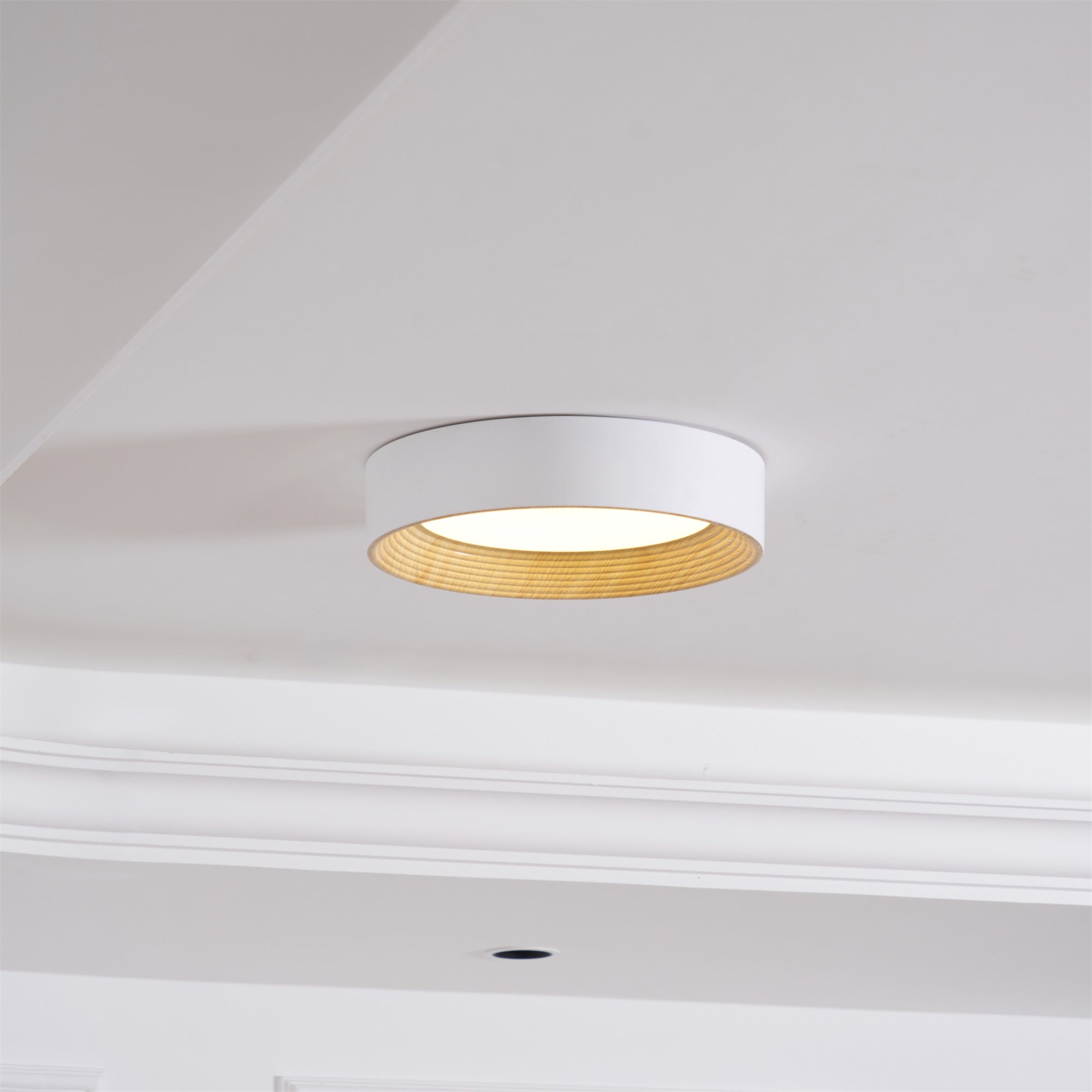Wood-tone frame ceiling light detail close up