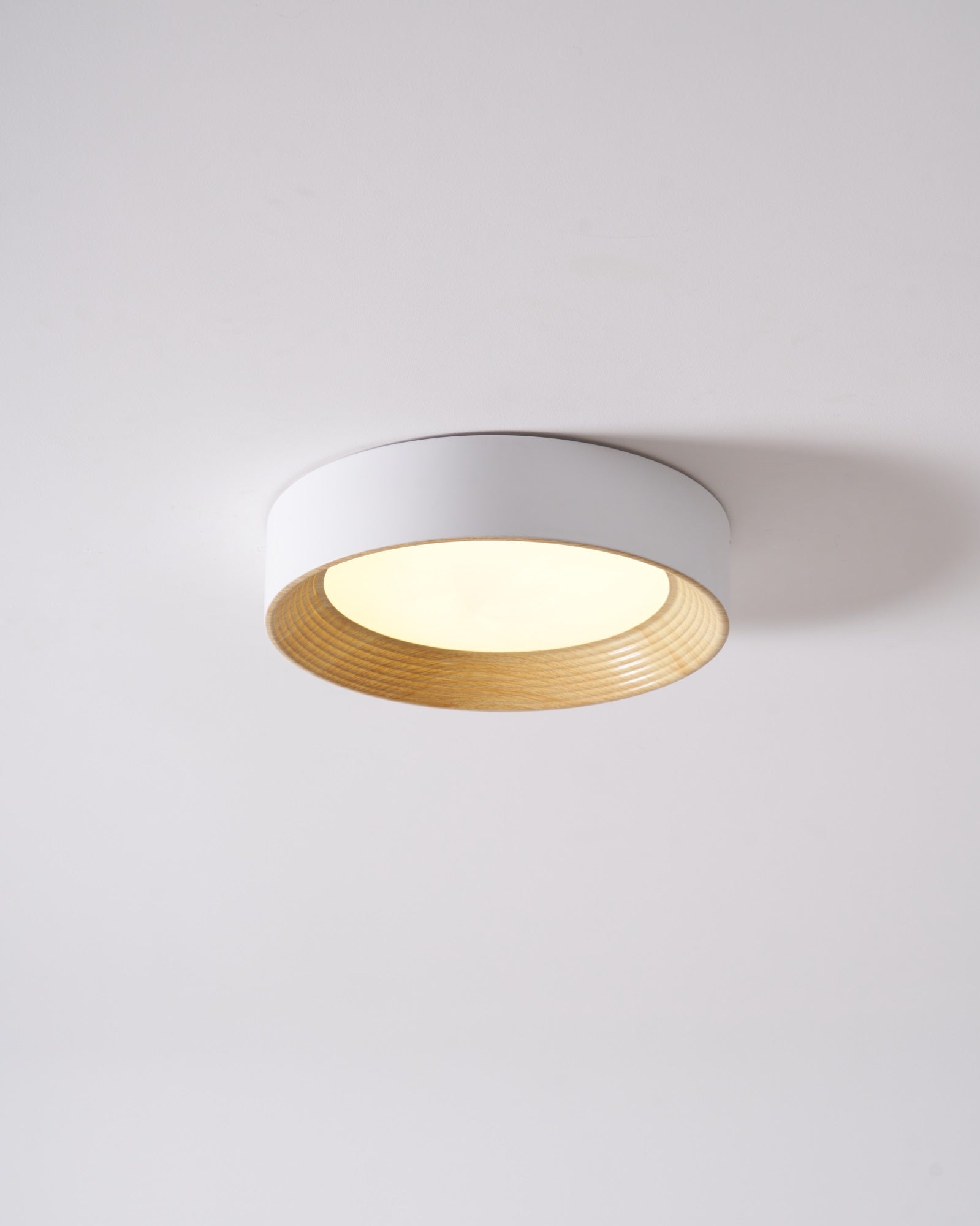 Ceiling light detail showing the wood-tone outer ring