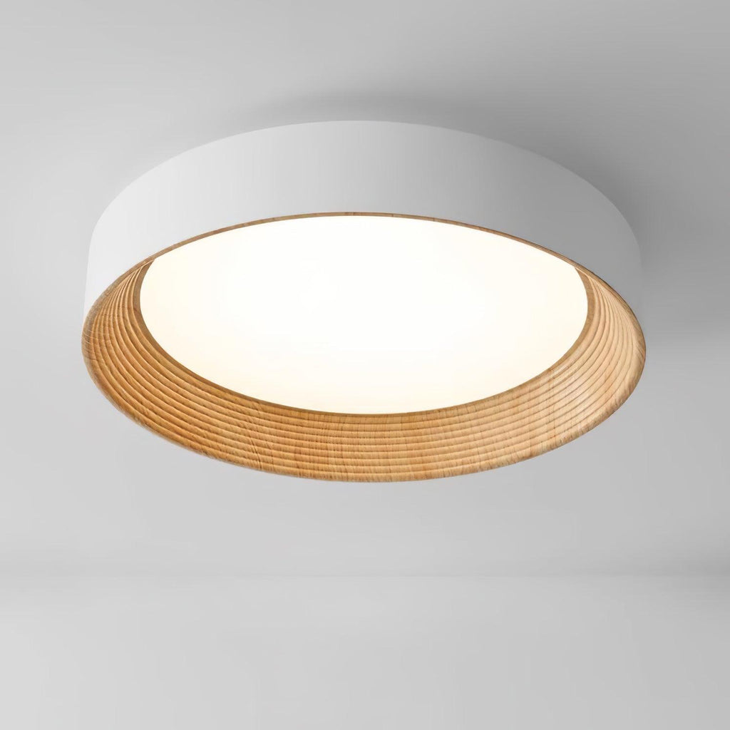 Round wood-tone ceiling light shown switched on