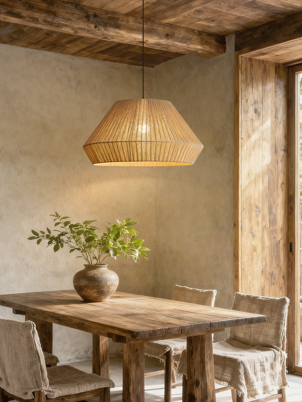 Hanging beneath rustic wood ceiling beams, this Clérachic pendant sits above a reclaimed wood dining table.