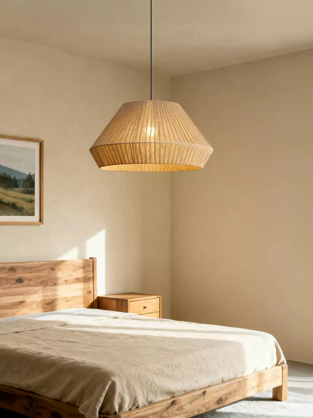This Clérachic pendant lights a bedroom corner beside a wood bed frame and a small wood nightstand.
