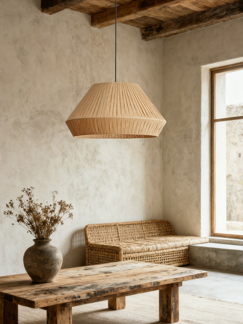 Beneath exposed wood beams, this Clérachic pendant hangs above a low coffee table next to a woven rattan sofa.