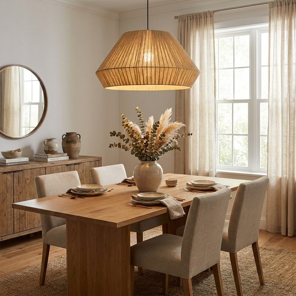 Beige linen shade of this Clérachic pendant hangs over a long dining table with upholstered chairs and a round mirror nearby.