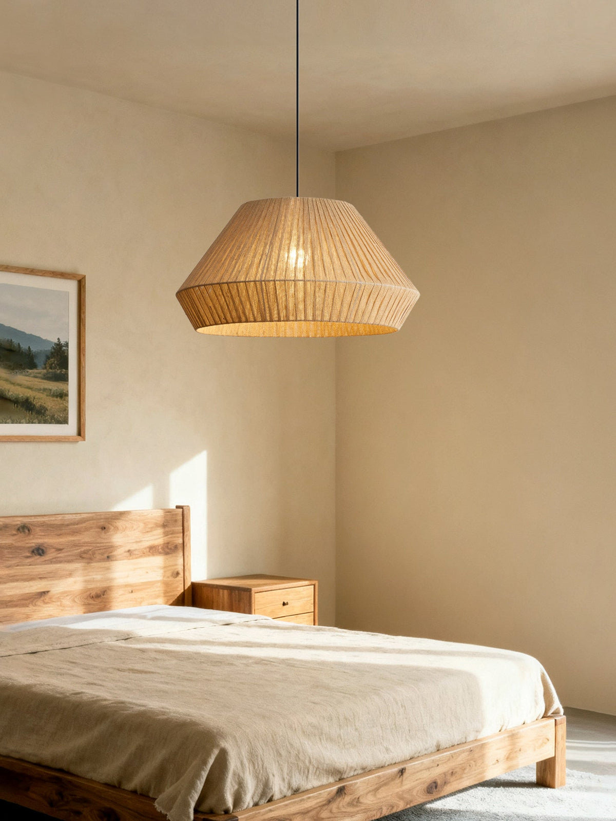 This Clérachic pendant hangs in the corner of a bedroom above a wood-framed bed with cream linen bedding.