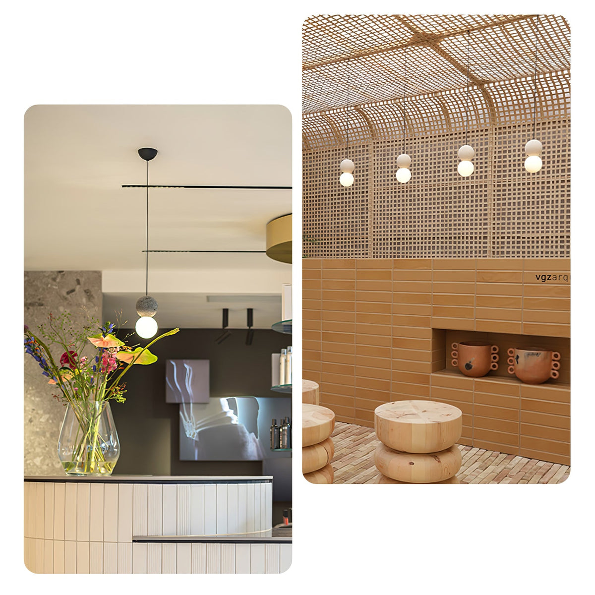 This Clérachic pendant lights a modern kitchen counter, shown alongside a row of pendants beneath a woven bamboo ceiling.