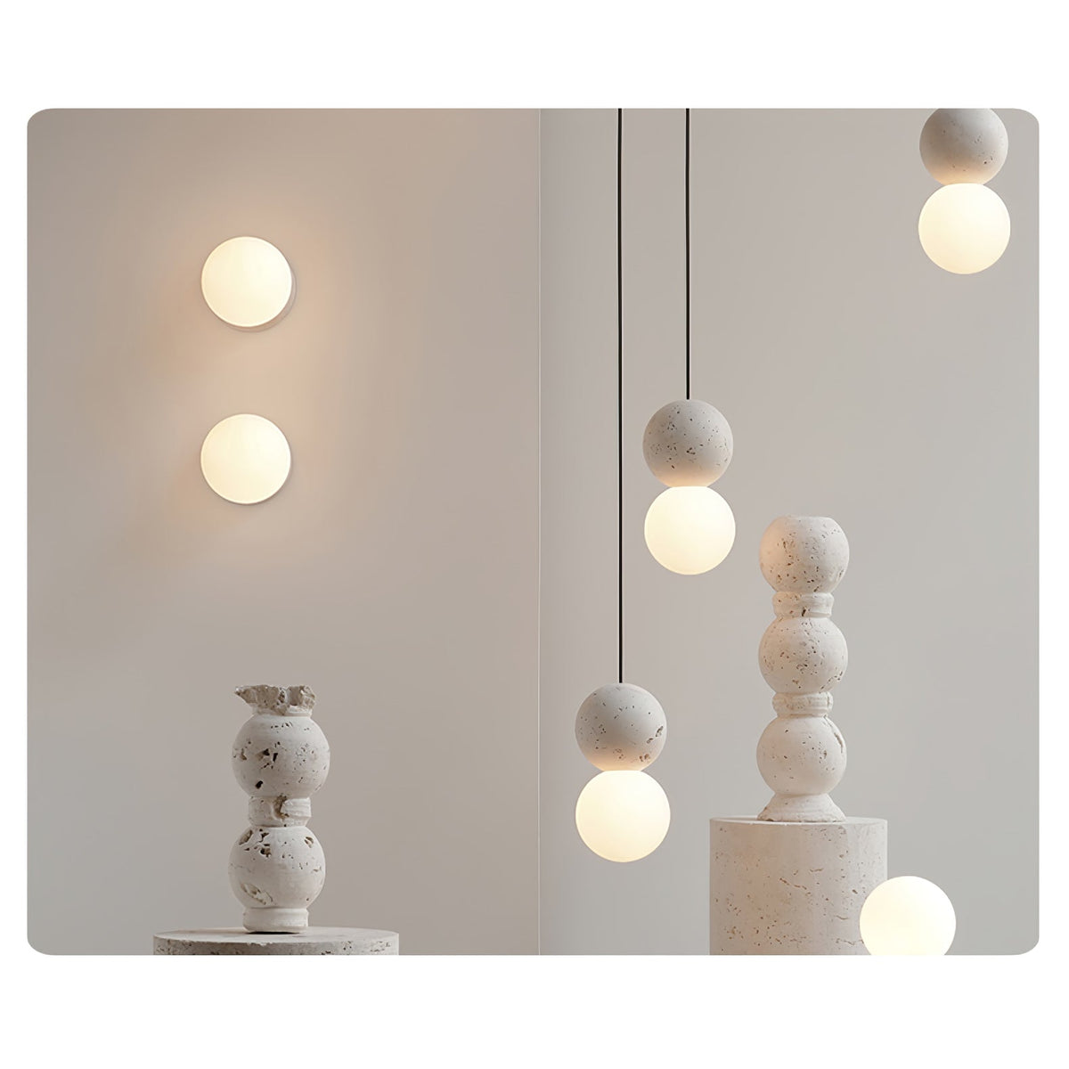 Grey stone-textured pendants from this Clérachic collection hang at staggered heights beside a stacked stone pedestal.