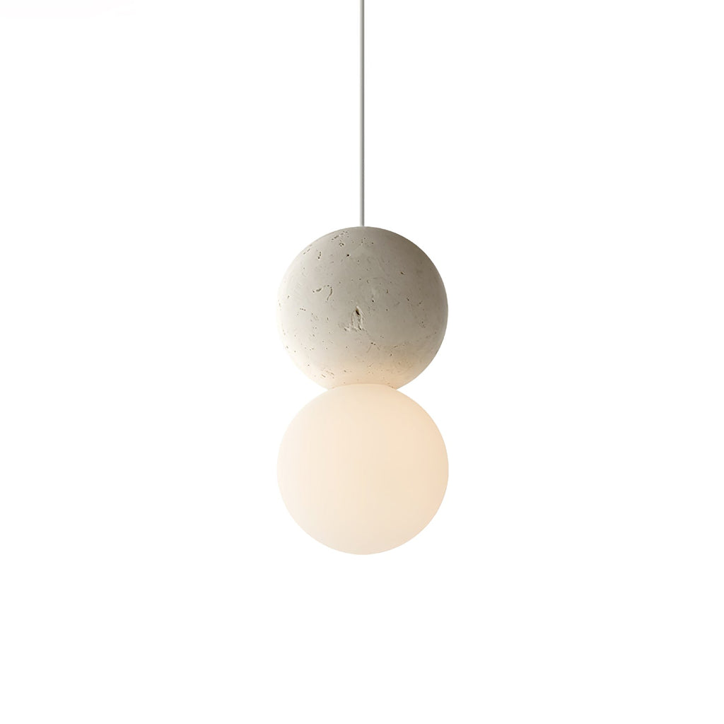 This Clérachic pendant, a pale stone-textured sphere above an opal glass globe, stands alone against a white background.