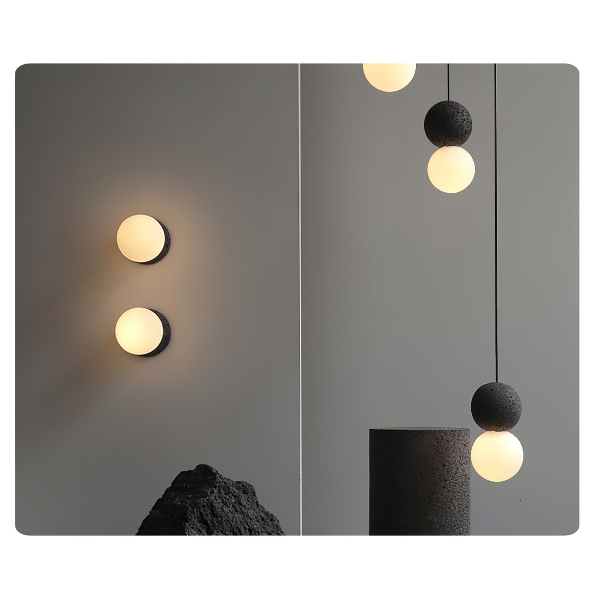 This Clérachic pendant hangs near a stone plinth, beside two round wall lights glowing on a charcoal-grey wall.