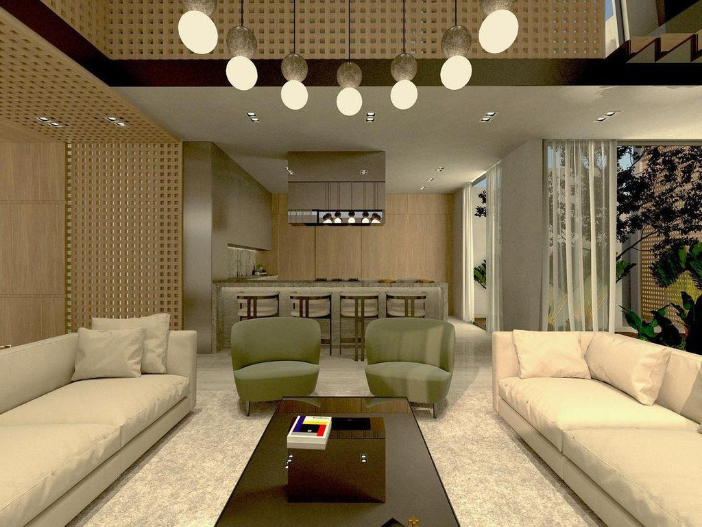 A cluster of pale sphere pendants from this Clérachic collection lights an open-plan living area with wood panelling and green sofas.