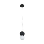 This Clérachic pendant pairs a black stone-textured sphere with an opal glass globe, hanging from a round black canopy.