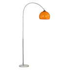 Full-length studio view of a Clérachic arc floor lamp: nickel curved arm, orange dome shade, round marble base, on white.