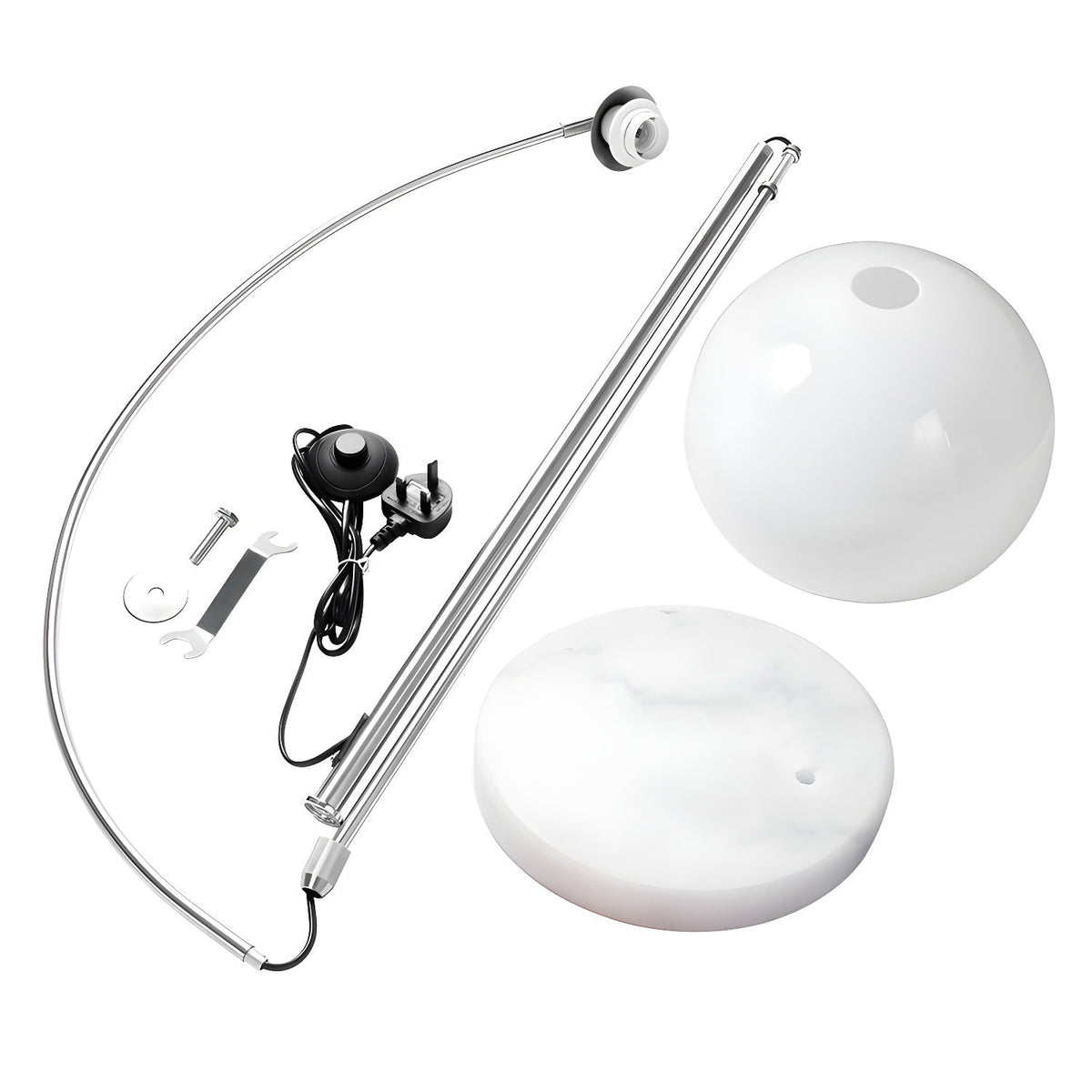 Unassembled parts of a Clérachic arc floor lamp: the nickel arc, two dome shades, marble base and foot switch.