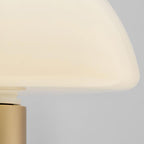 Extreme close-up, softly blurred, of a Clérachic domed table lamp's glass shade edge and brushed gold neck.