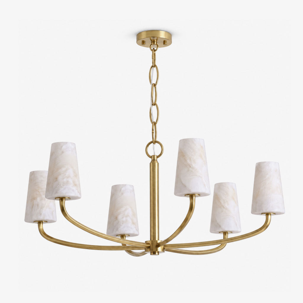 Shown alone against a plain backdrop, the link chain and tapered shades of this Clérachic chandelier hang in brushed brass.