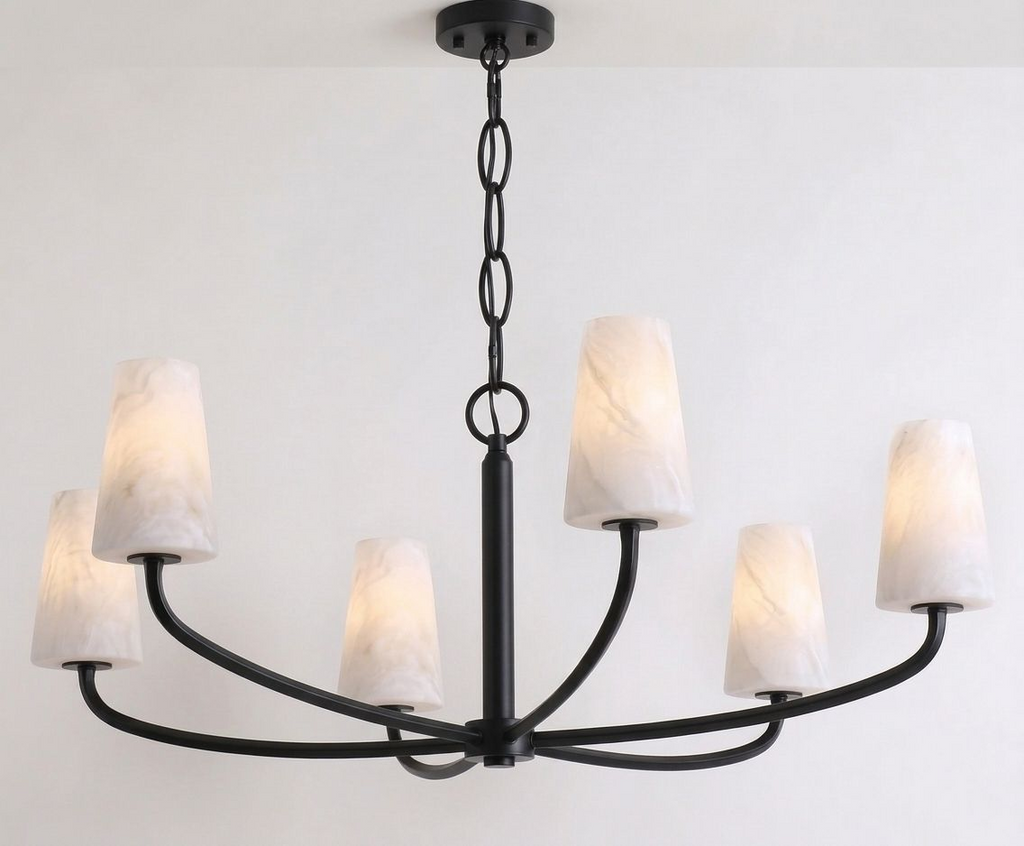 Shown wide against a plain backdrop, the six woven arms of this Clérachic chandelier spread out in matte black.