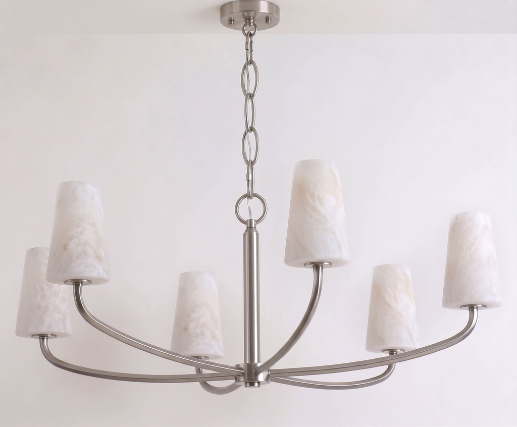 Against a plain backdrop, the tightly woven basket frame of this Clérachic chandelier is shown in brushed nickel.
