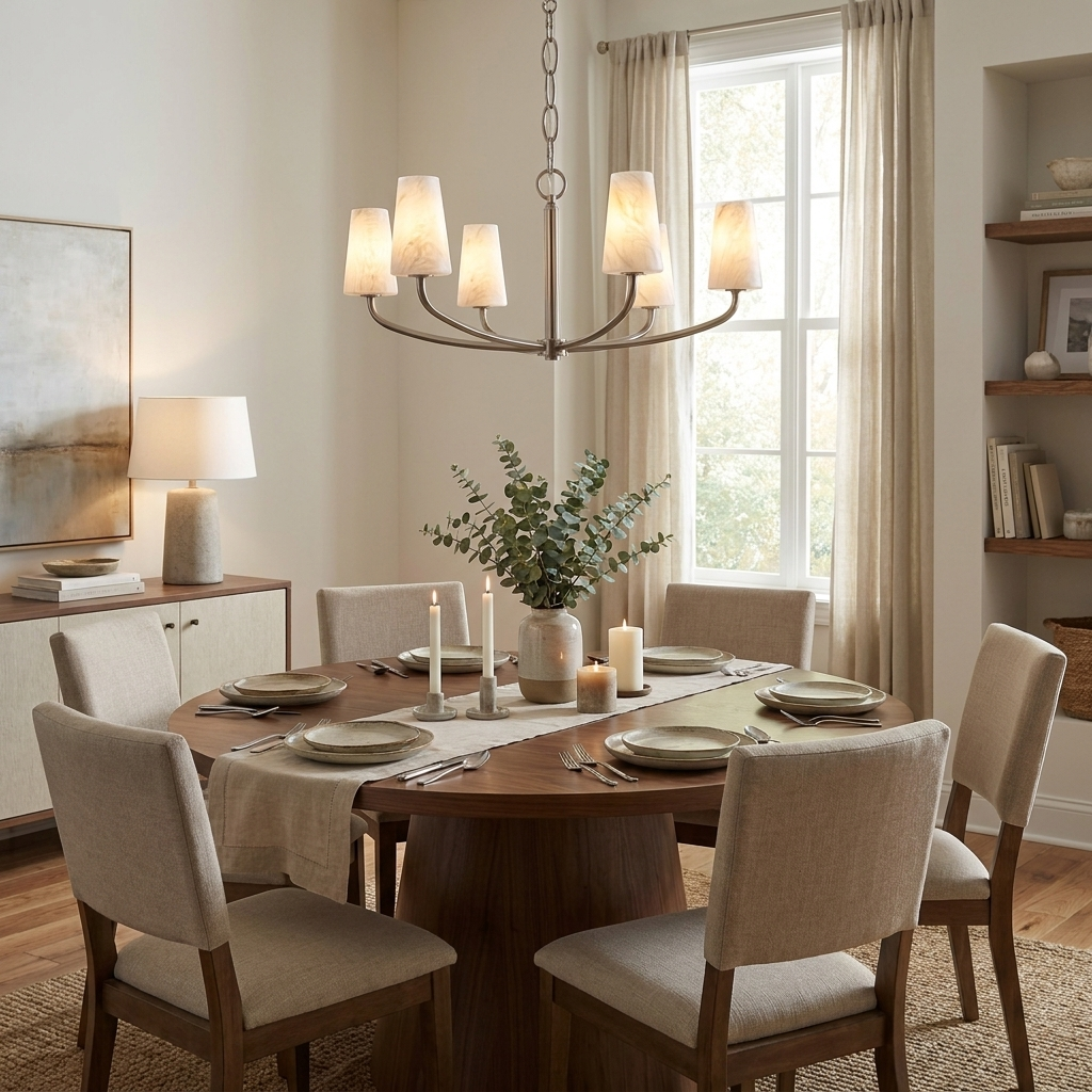Above a round dining table set with candles, this Clérachic chandelier's curved arms weave together in matte black.