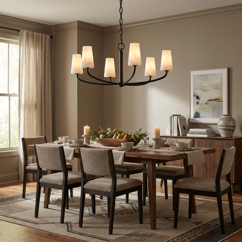 Above a wood dining table with checked-upholstered chairs, this Clérachic chandelier glows above lit candles in matte black.
