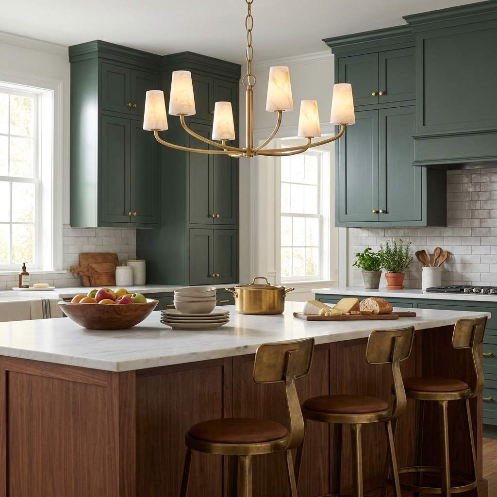 Over a wood kitchen island in a green-cabinetry kitchen, this Clérachic chandelier's six arms glow in brushed brass.