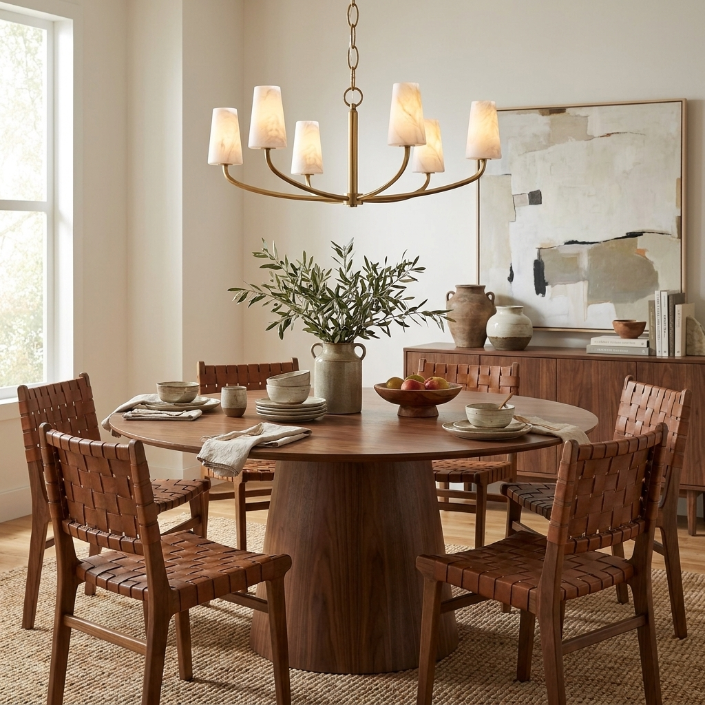 Beside a walnut sideboard with olive branches, this Clérachic chandelier hangs above a round table in brushed brass.